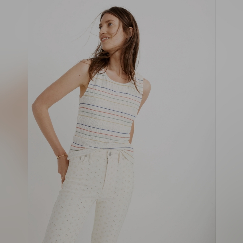 Madewell Texture & Thread Smocked Tank Top | L | Rainbow Stitch Ivory